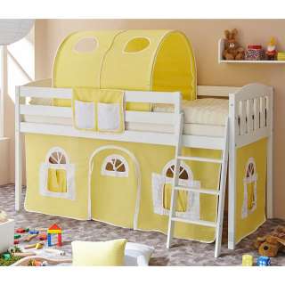 Kinderzimmerbett mit Stofftunnel und Vorhang in Gelb halbhoch