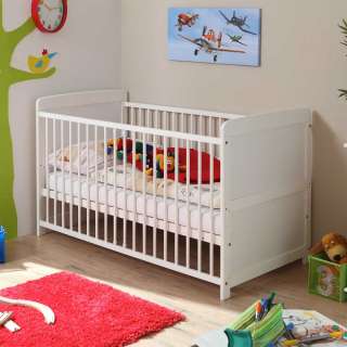 Babygitterbett in Weiß Kiefer Massivholz
