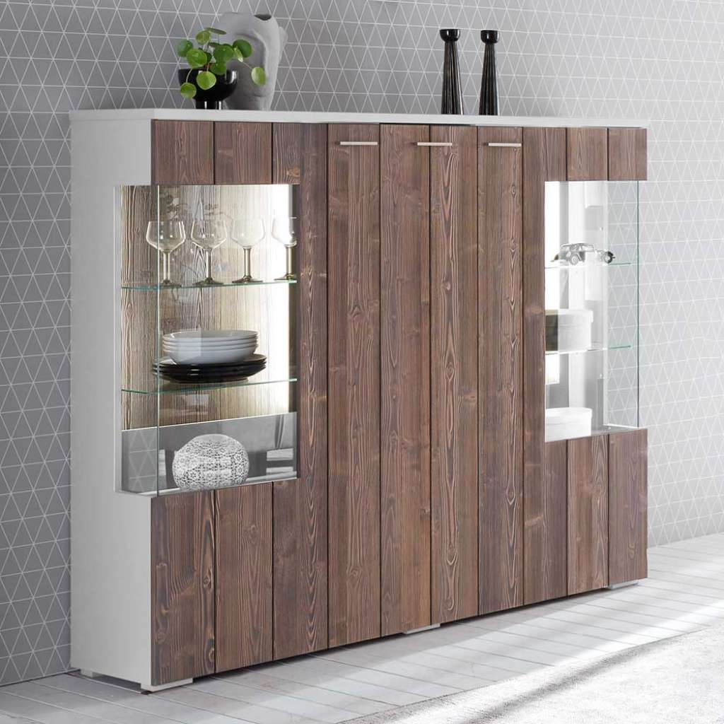 Esszimmer Highboard in Weiß und Antikholz Optik Glastüren