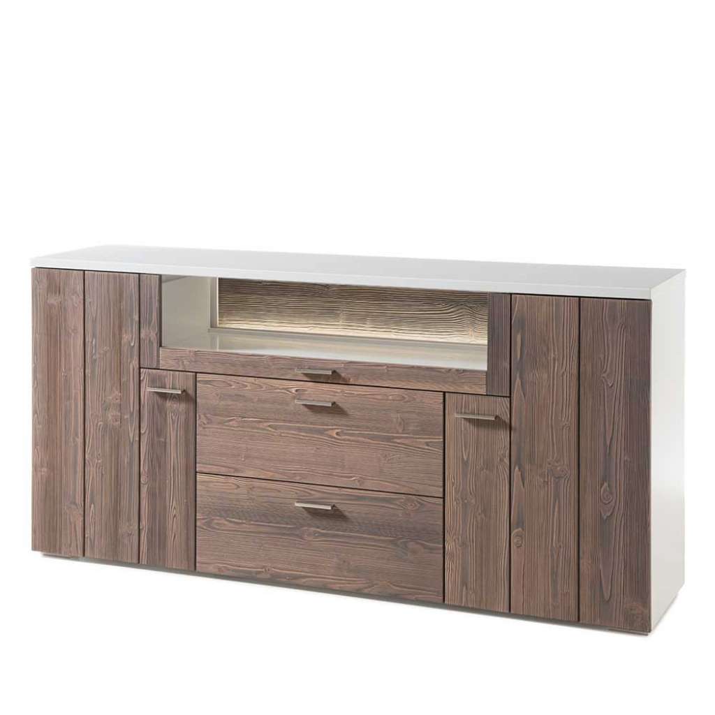 Design Sideboard in Weiß und Antikholz Optik furniert 180 cm breit