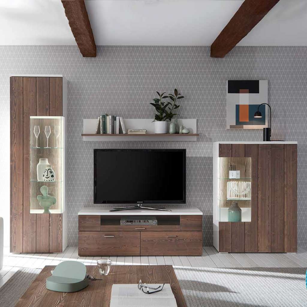 Wohnwand in Weiß und Antikholz Optik furniert 320 cm breit (4-teilig)