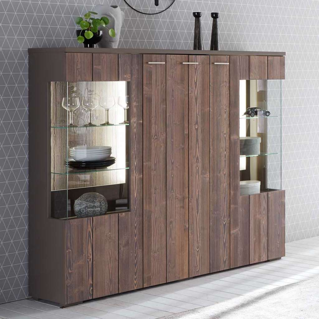 Design Highboard in Dunkelgrau Antikholz Optik Glas