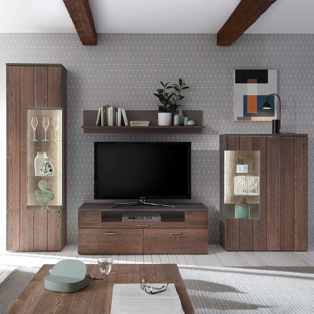 Wohnzimmer Anbauwand in Dunkelgrau Antikholz Optik furniert 320 cm breit (4-teilig)