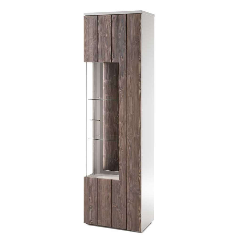 Schrank Vitrine in Weiß und Antikholz Optik furniert modern