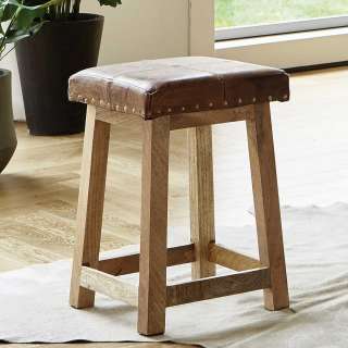 Hocker mit Echtledersitz in Braun Massivholzgestell (2er Set)