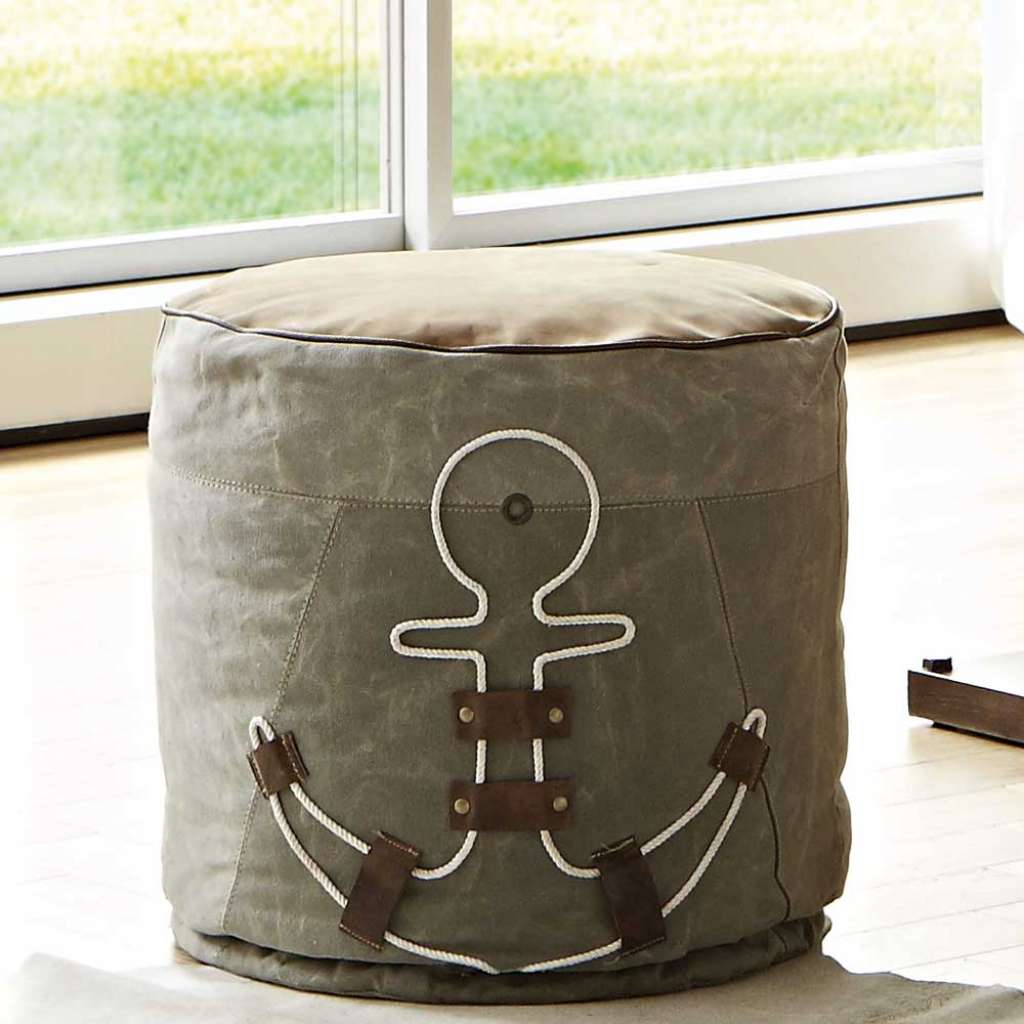 Pouf in Grau Webstoff Anker Motiv