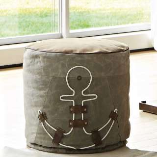 Pouf in Grau Webstoff Anker Motiv