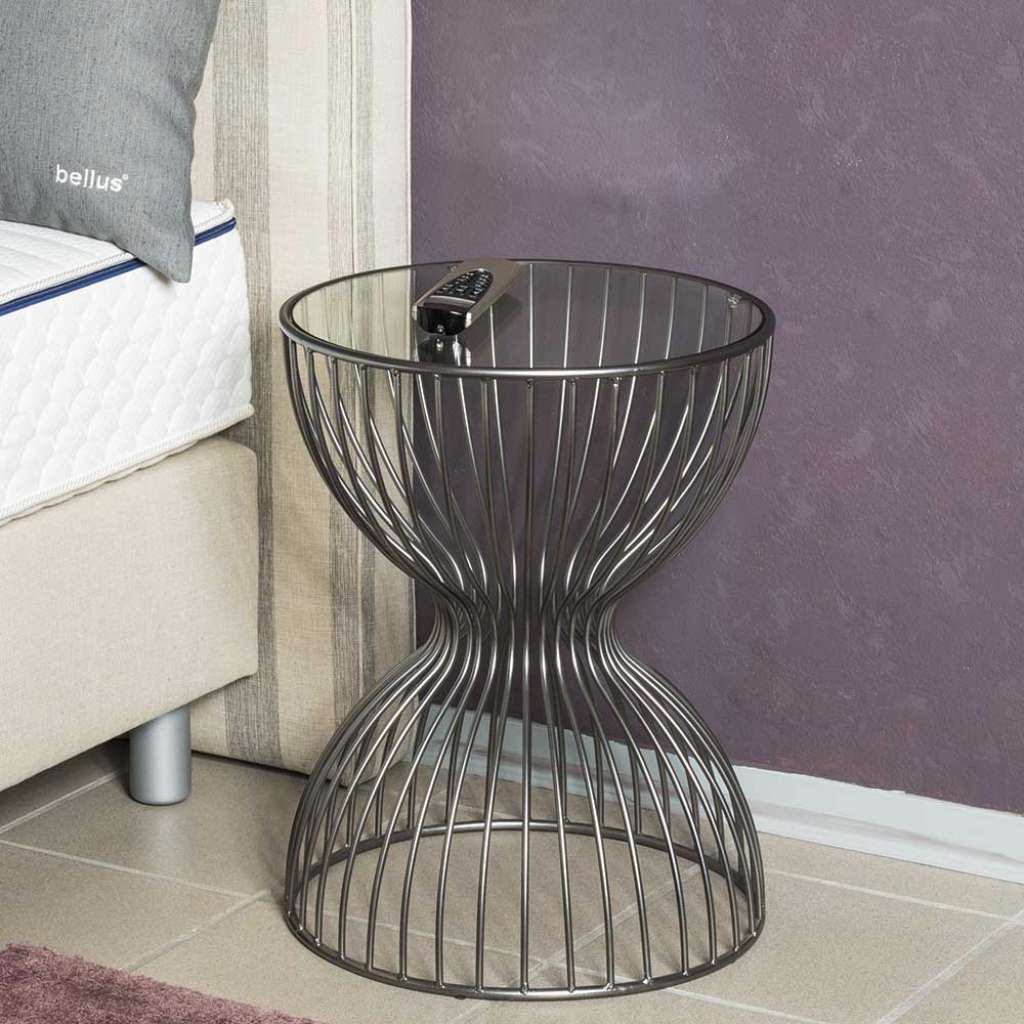 Bett Anstelltisch in Diaboloform runder Glasplatte