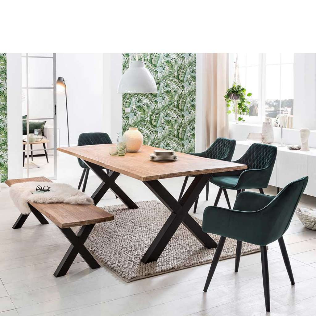 Loft Essgruppe mit Baumkantentisch und Sitzbank White Wash und Dunkelgrün (6-teilig)