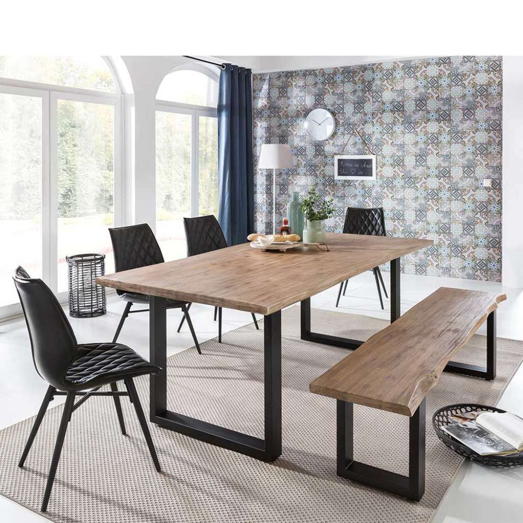 Esszimmergruppe mit Baumkantentisch und Bank Akazie White Wash massiv (6-teilig)