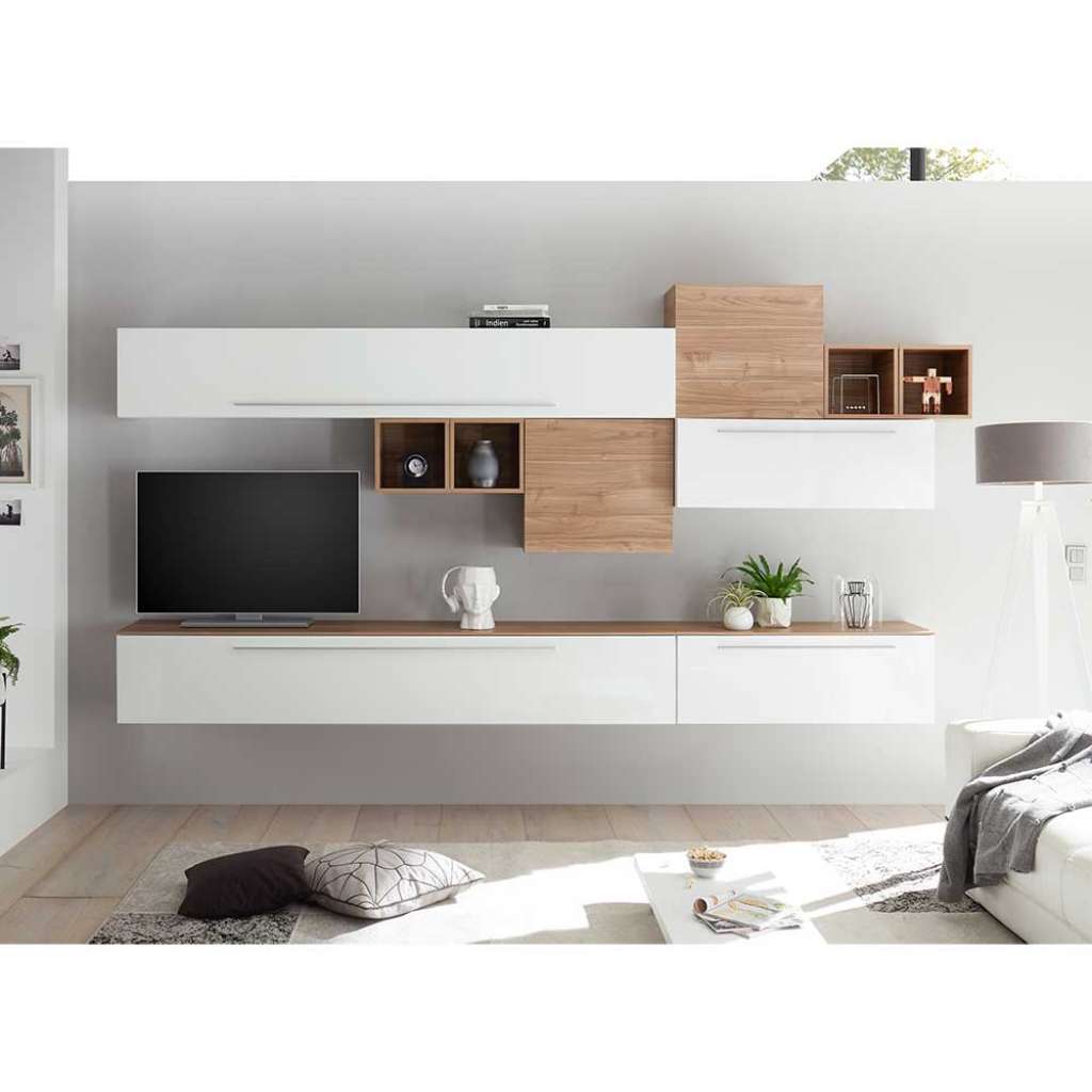 Anbauwand in Weiß Hochglanz und hell Nussbaum Dekor 320 cm breit (8-teilig)