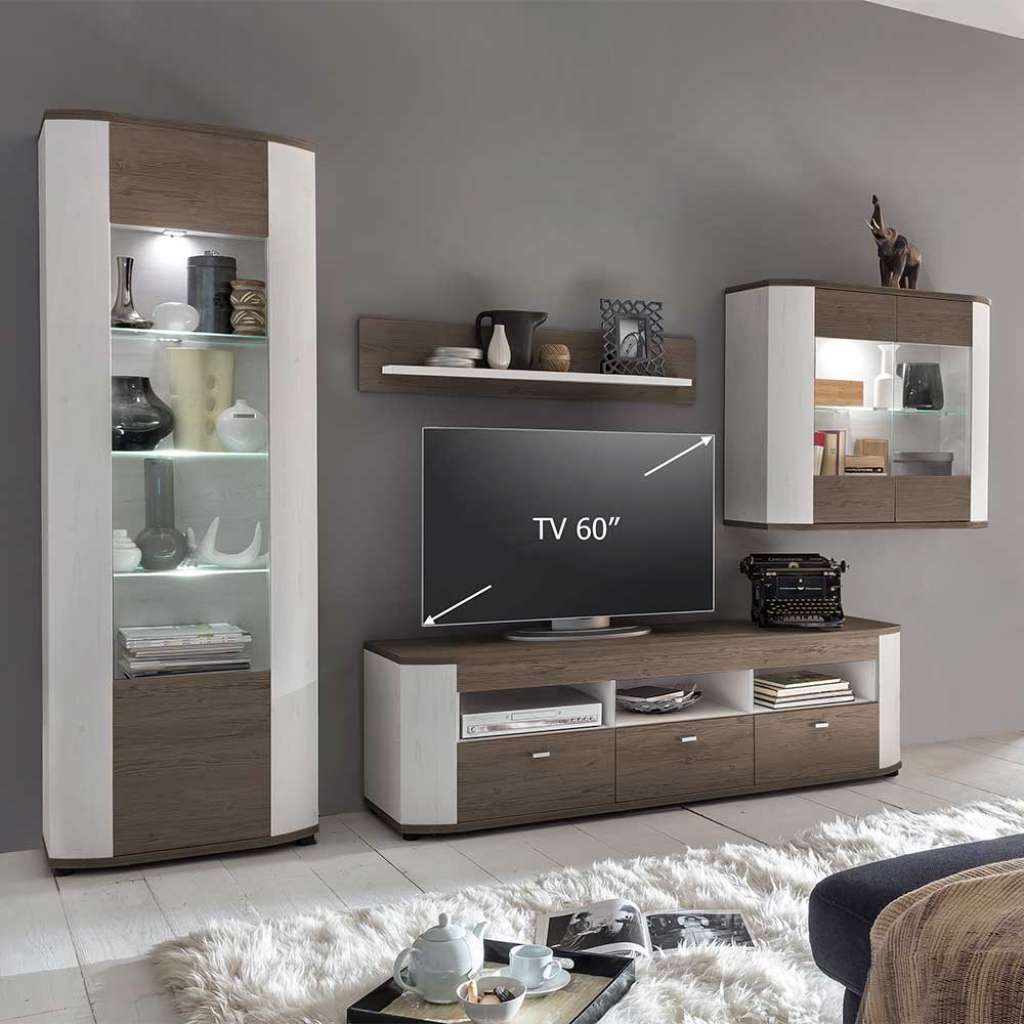 Wohnzimmerwand in Weiß und dunkel Eiche Dekor 300 cm breit (4-teilig)