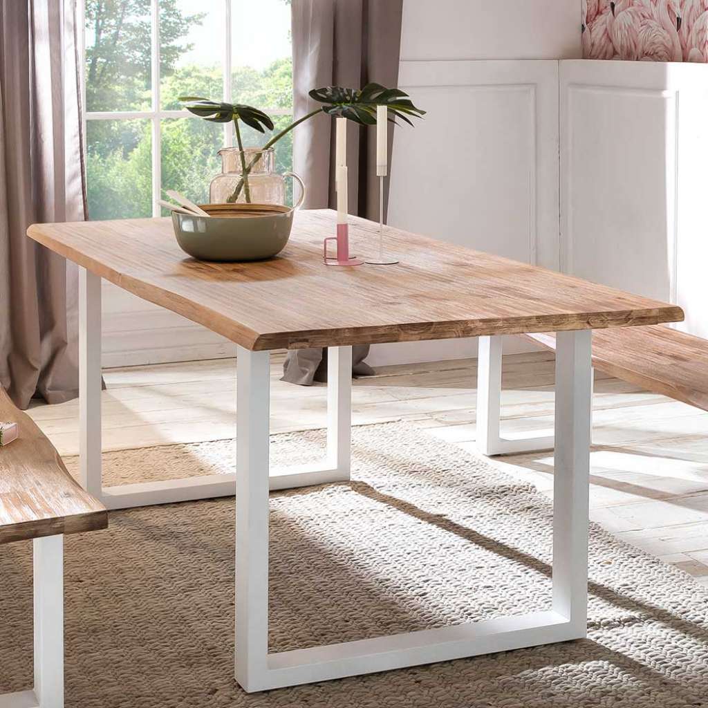 Esszimmertisch aus Akazie White Wash massiv Bügelgestell in Weiß