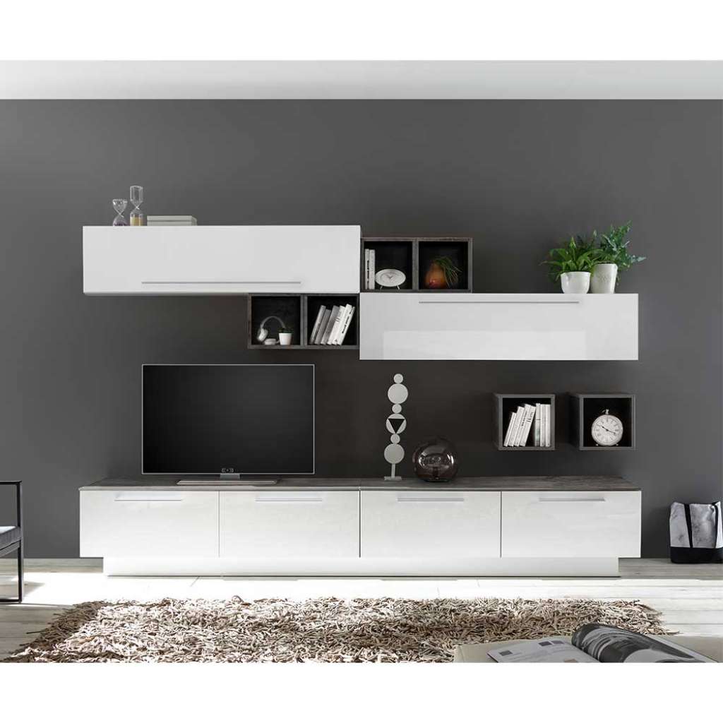 Design Anbauwand in Weiß Hochglanz und Dunkelgrau 190 cm hoch (10-teilig)