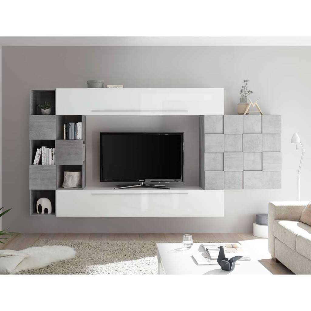 Hängende Schrankwand in Weiß Hochglanz und Beton Grau 305 cm breit (5-teilig)