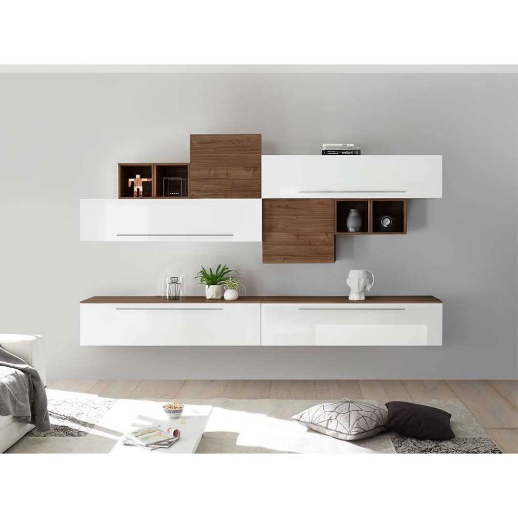 Hängende Wohnwand in Weiß Hochglanz und Nussbaumfarben 200 cm hoch (10-teilig)
