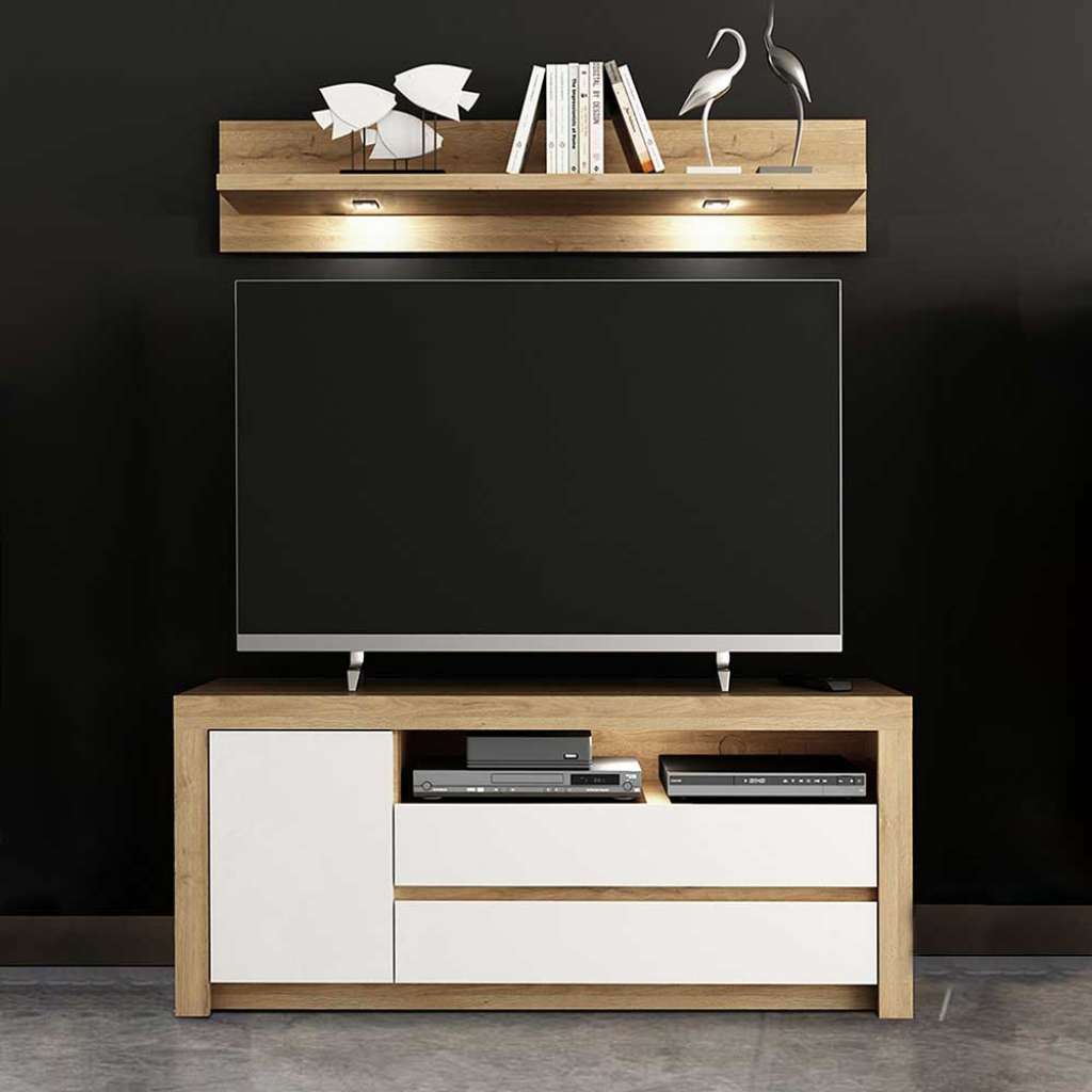 Wohnzimmer Set in Wildeichefarben und Weiß Hochglanz modern (2-teilig)