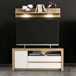 Wohnzimmer Set in Wildeichefarben und Weiß Hochglanz modern (2-teilig)
