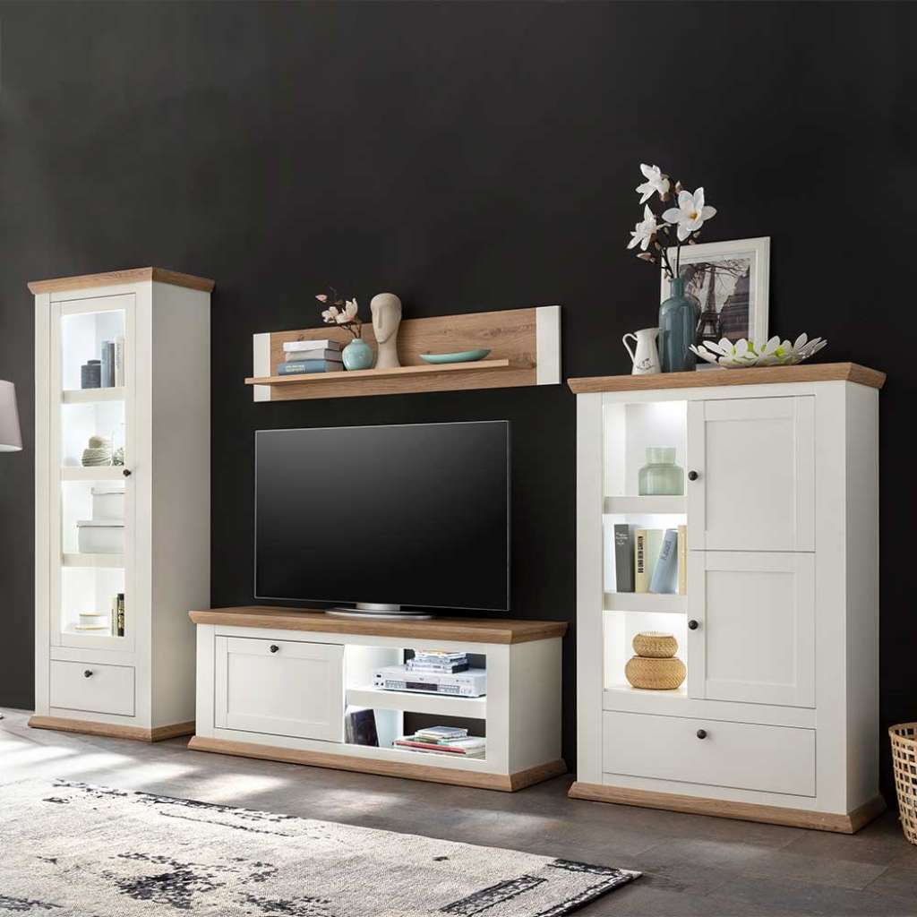 Landhaus Schrankwand in Weiß und Eichefarben (4-teilig)