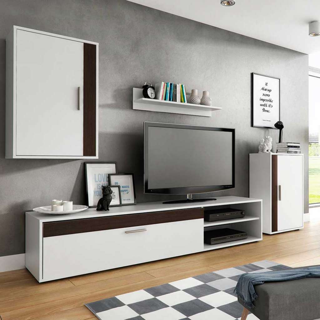 Wohnzimmerwand in Weiß und Eiche Grau Dekor 230 cm breit (4-teilig)