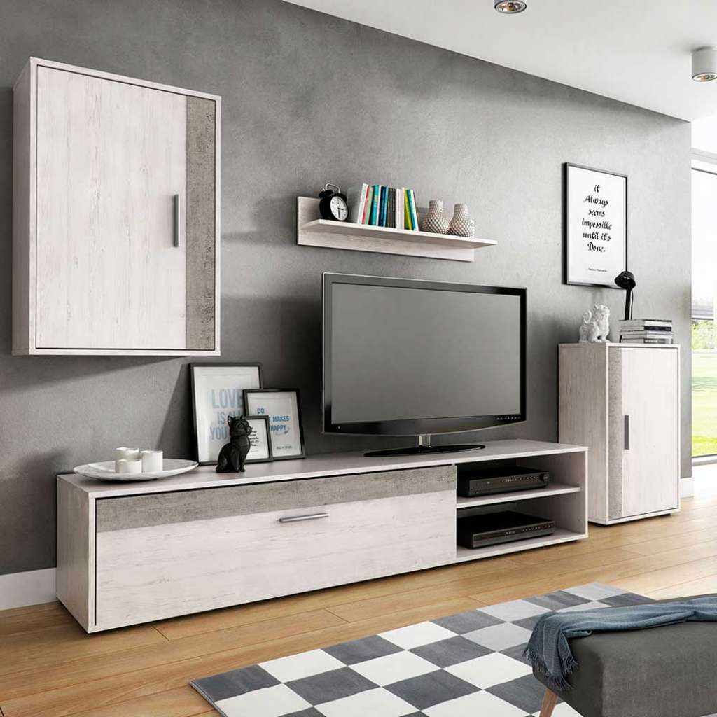 Wohnzimmer Anbauwand in Weiß und Beton Grau 230 cm breit (4-teilig)