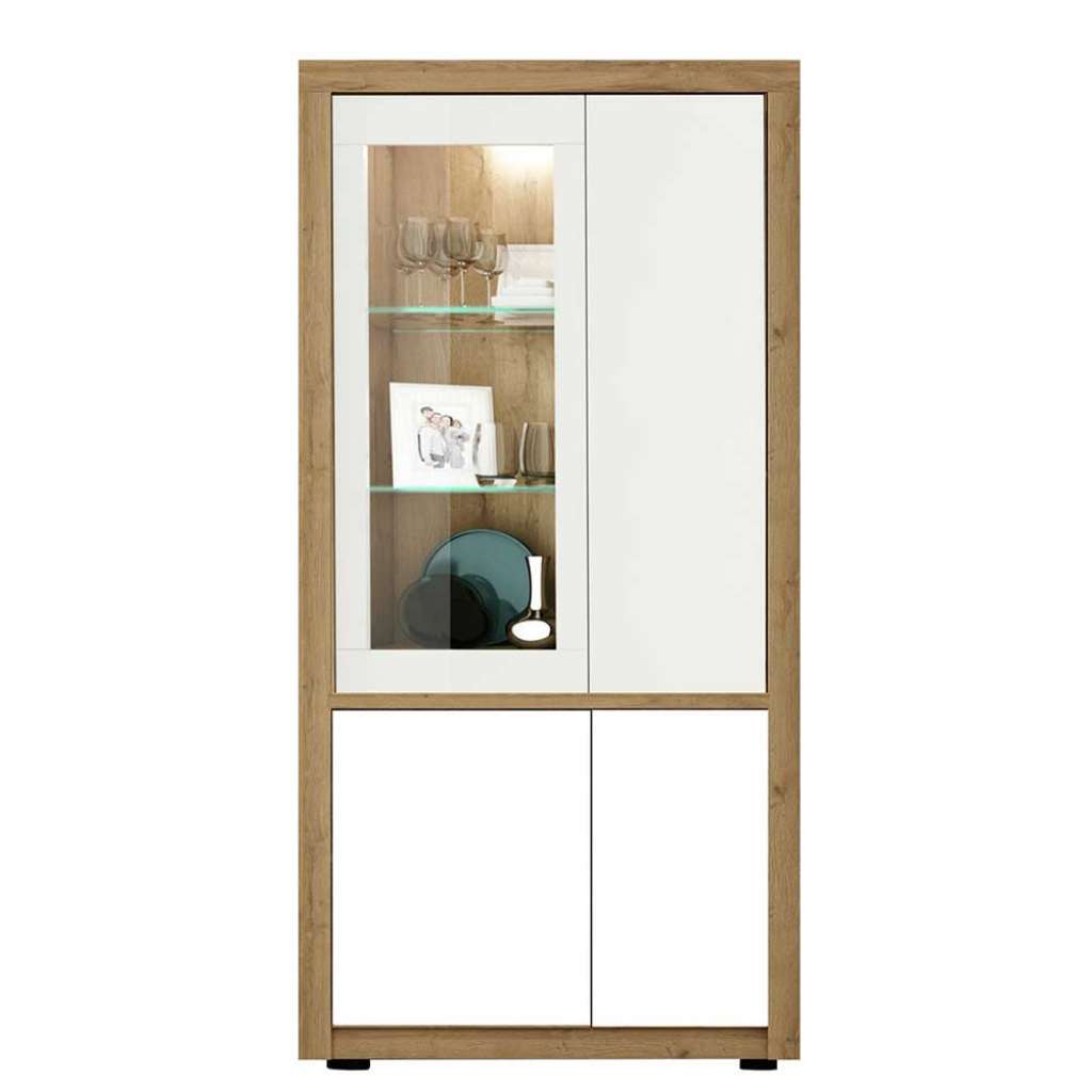 Wohnzimmervitrine in Weiß Hochglanz und Wildeiche Dekor 205 cm hoch
