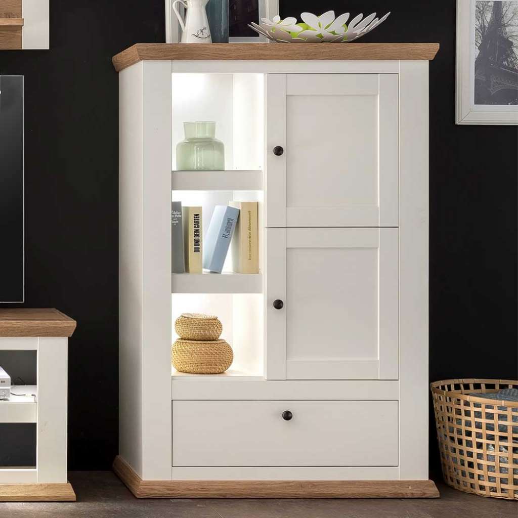 Landhaus Highboard in Weiß und Eiche Dekor Sockelgestell