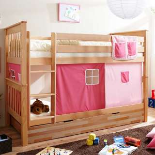 Kinderzimmer Stockbett aus Buche Massivholz Ausziehbett und Vorhang in Pink