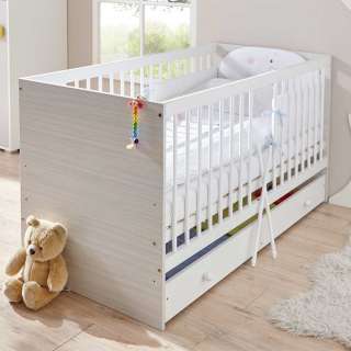 Babygitterbett in Weiß und Hellgrau Schublade