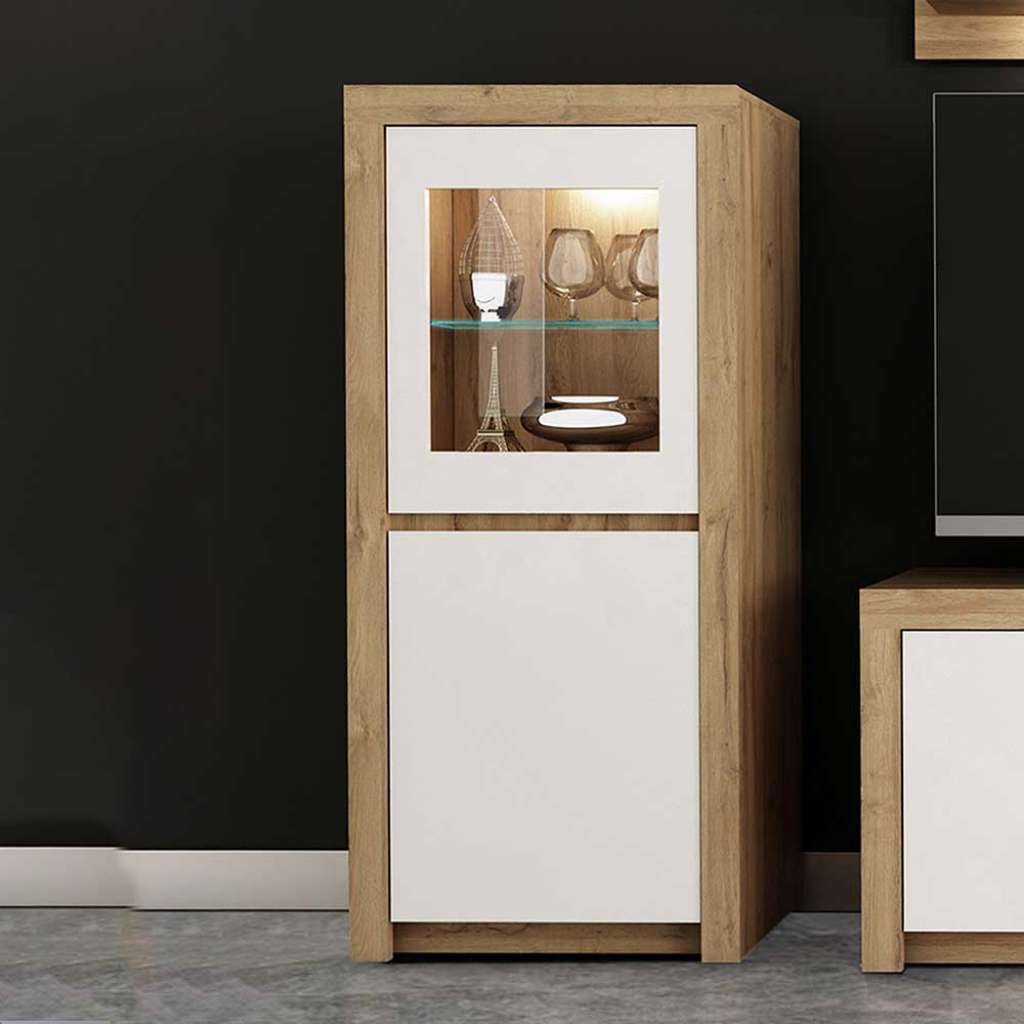Vitrine in Weiß Hochglanz und Wildeiche Dekor 65 cm breit