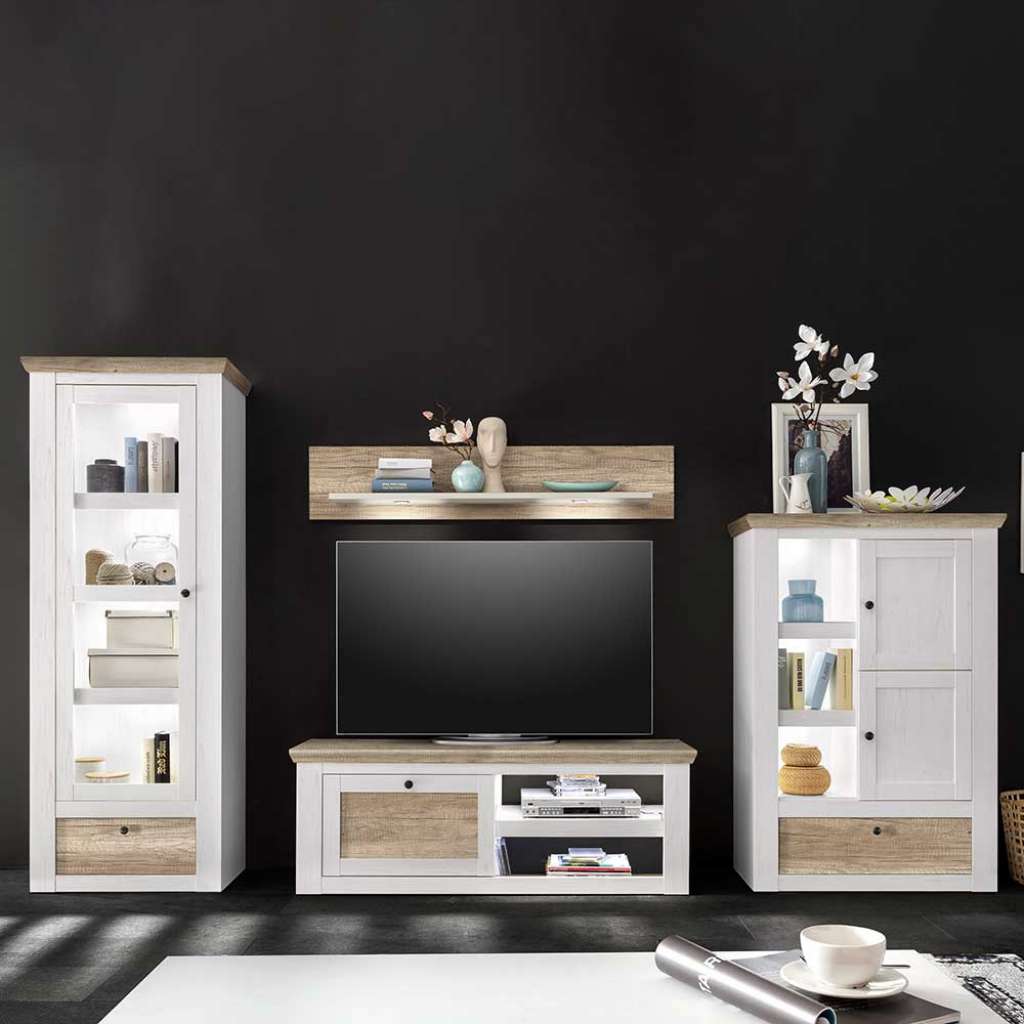 Wohnwand in Eichefarben und Weiß Landhausstil (4-teilig)