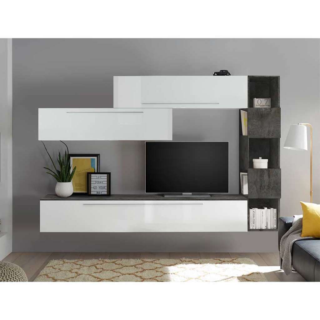 Wohnzimmer Anbauwand in Weiß Hochglanz dunkel Grau (4-teilig)