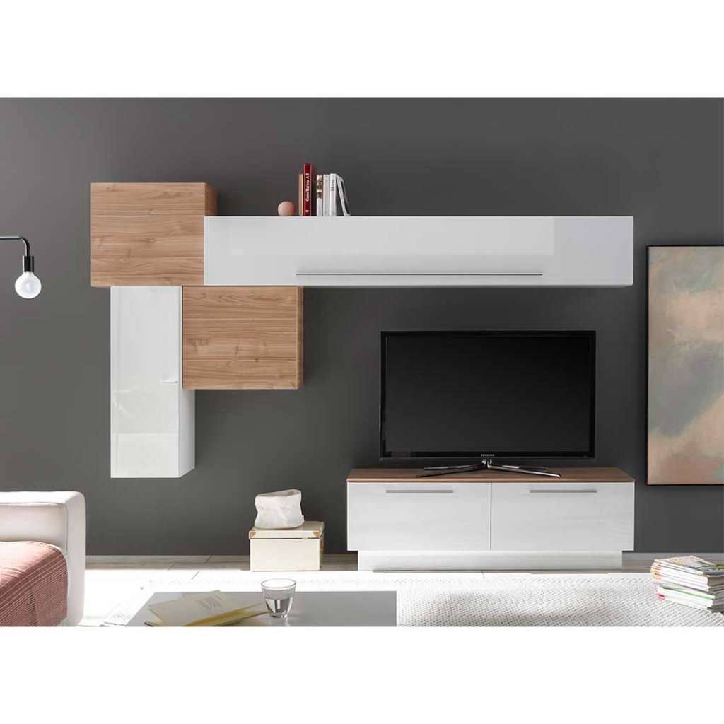 TV Wohnwand in Weiß Hochglanz Nussbaumfarben (5-teilig)