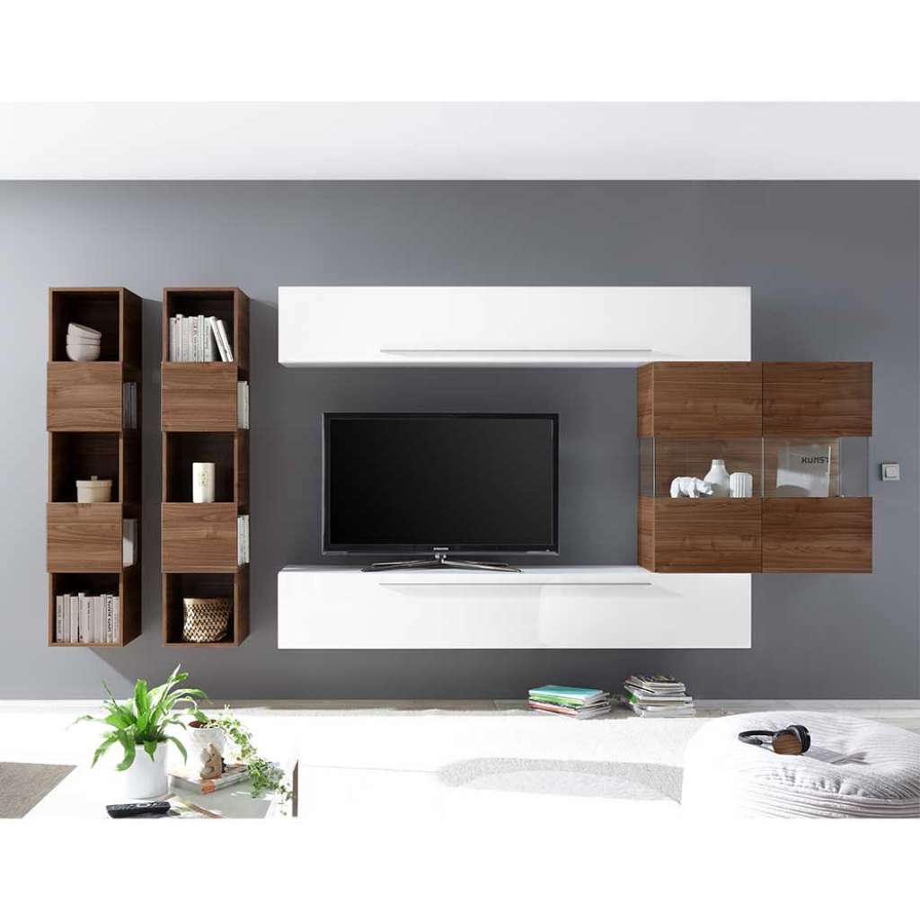 Wohnzimmerwand in Nussbaumfarben und Weiß Hochglanz 340 cm breit (5-teilig)
