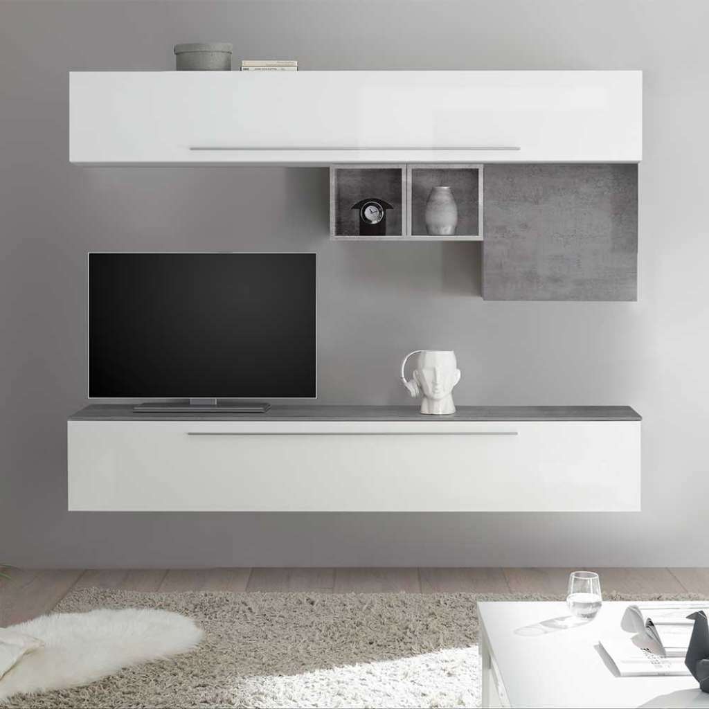 TV Wohnwand in Beton Grau Weiß Hochglanz (5-teilig)