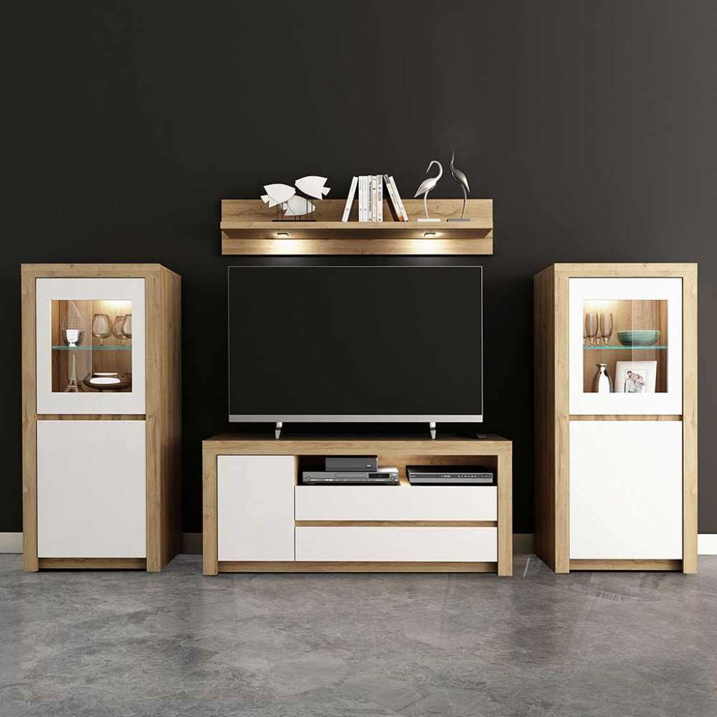Wohnwand in Wildeichefarben und Weiß Hochglanz 270 cm breit (4-teilig)