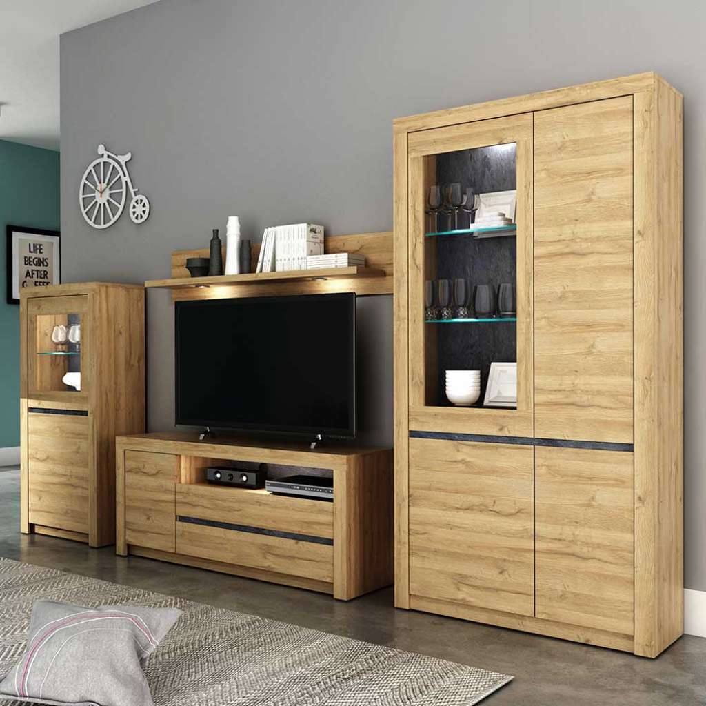 Anbauwand in Wildeichefarben und dunkel Grau modern (4-teilig)