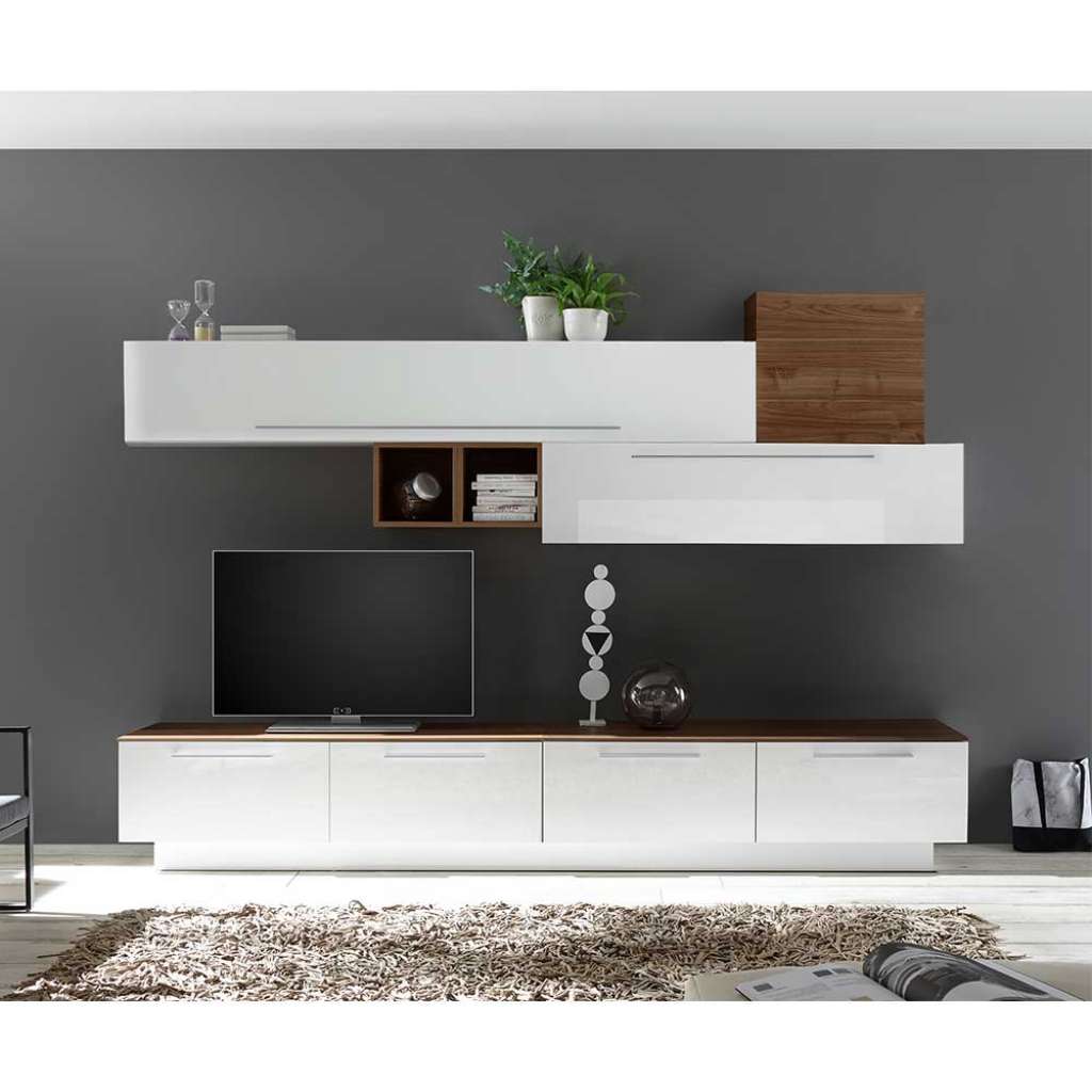 Hochglanz Schrankwand in Weiß Nussbaum Optik (7-teilig)