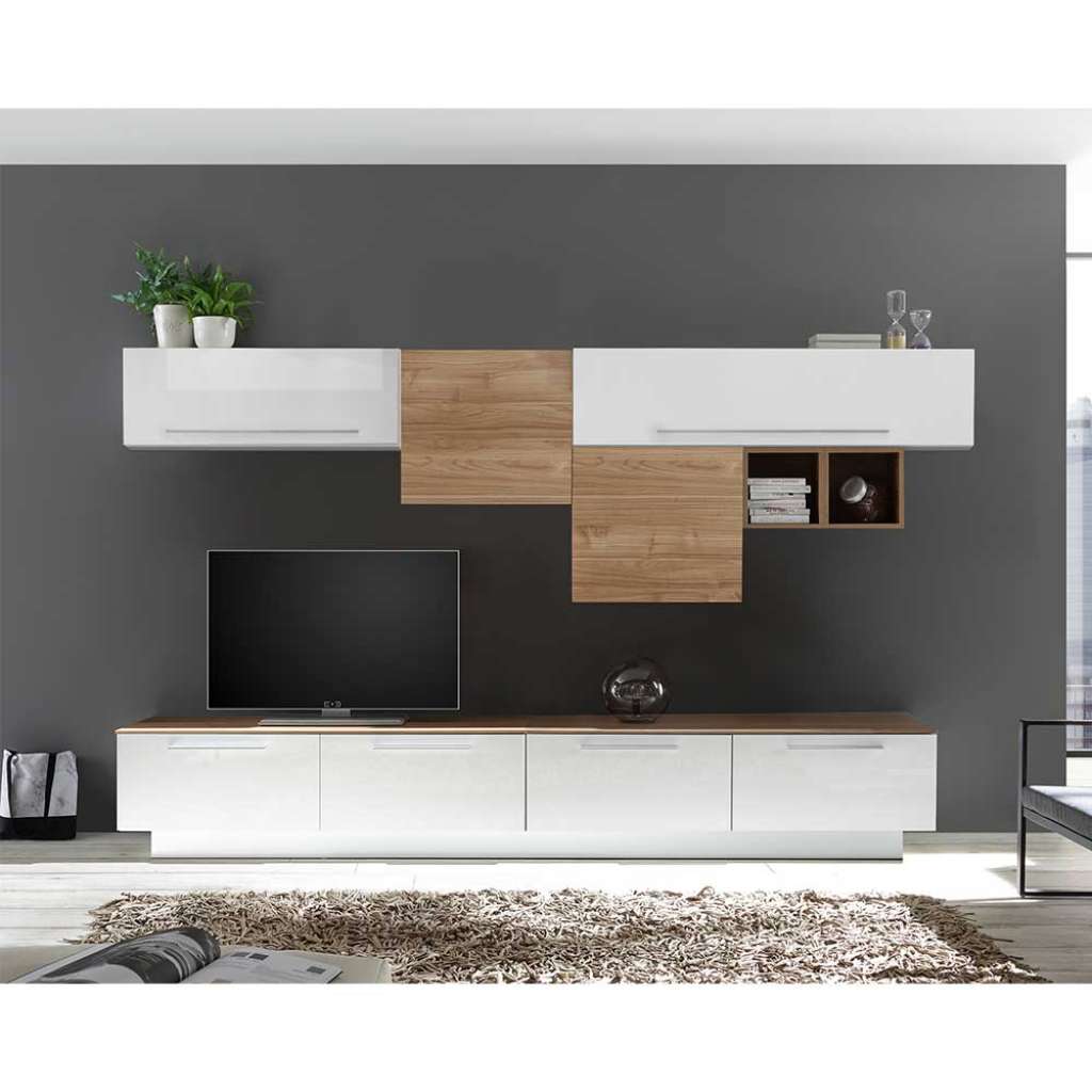 Wohnzimmer Anbauwand in Weiß Hochglanz und Nussbaum Optik 190 cm hoch (8-teilig)