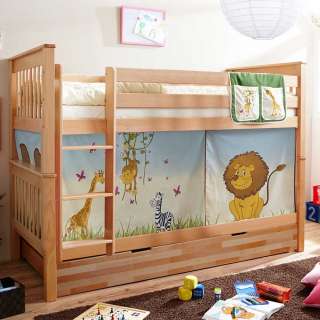 Kinderzimmer Bett aus Buche Massivholz Vorhang und Bettkasten