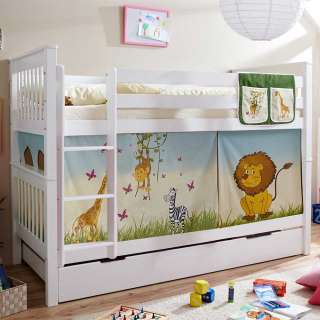 Kinderhochbett in Weiß Buche massiv Vorhang und Ausziehbett