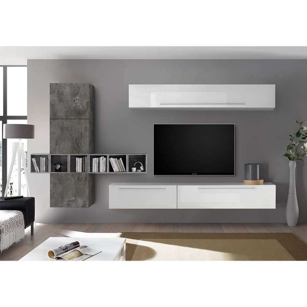 Design Wohnkombination in Weiß Hochglanz und Dunkelgrau hängend (12-teilig)