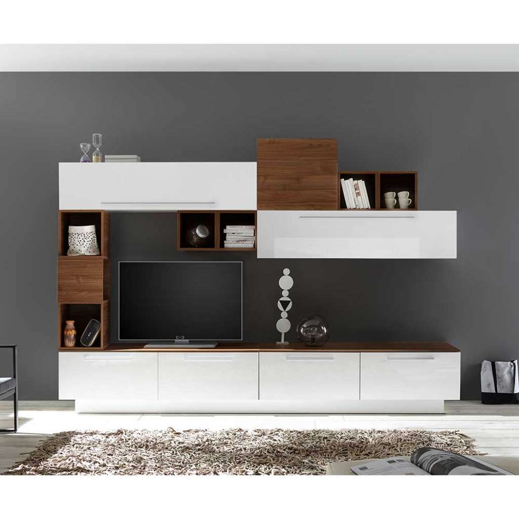 TV Anbauwand in Weiß Hochglanz und Nussbaumfarben modern (10-teilig)