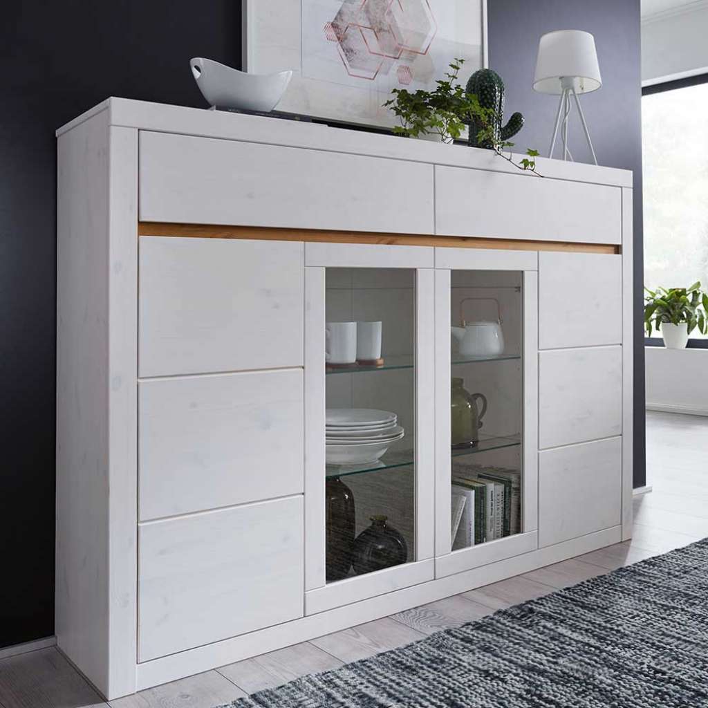 Highboard Vitrine in Weiß und Eichefarben Kiefer Massivholz