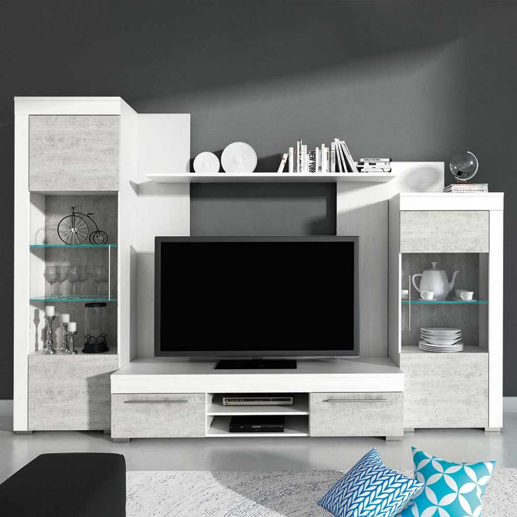 TV Wohnwand in Weiß und Beton Grau 280 cm breit (4-teilig)