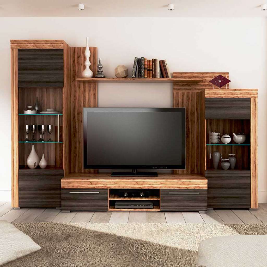 Wohnzimmer Schrank in Dunkelbraun und Apfelbaumfarben 280 cm breit (4-teilig)