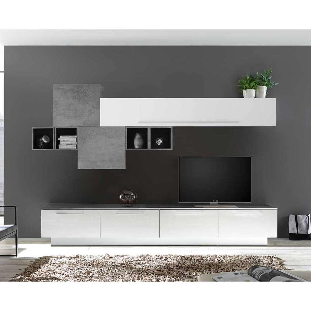 Design Wohnzimmer Wohnwand in Weiß Hochglanz und Beton Grau modern (9-teilig)