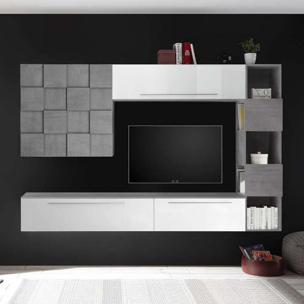 Wohnzimmerwohnwand in Weiß Hochglanz und Beton Grau hängend (5-teilig)