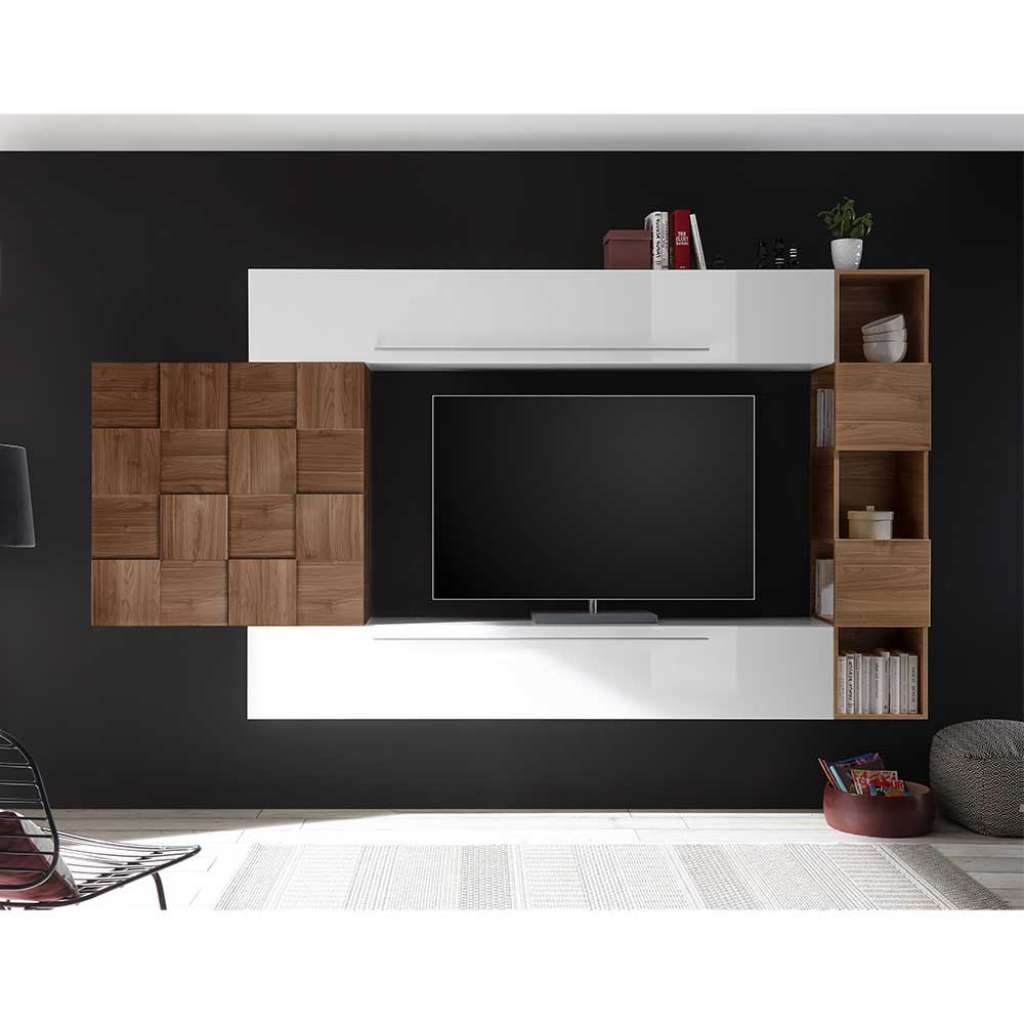 Hängende Wohnwand in Weiß Hochglanz und Nussbaumfarben 300 cm breit (4-teilig)