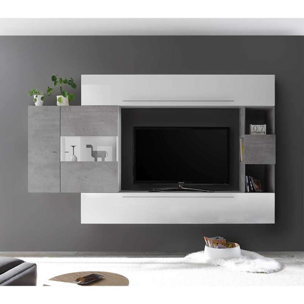 Design Anbauwand in Weiß Hochglanz und Beton Grau 260 cm breit (4-teilig)